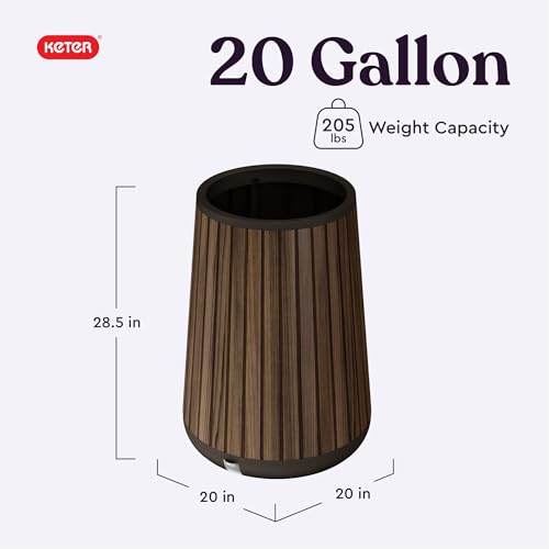 Image of Keter Signature Conic 28.5 Inch Tall Round Large Wood Look Planter for Indoor or Outdoor Flower Pot Ideal for Patio Deck and Front Porch Decor, Rosewood