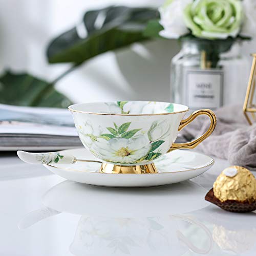 Panbado 3 Piece Bone China Cup and Saucer Set with Spoon, Vintage Porcelain Coffee Cup Set, 200 ml/6.8 oz, Camellia - Thumbnail 4