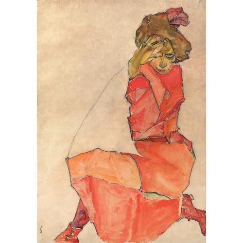 Impression Egon Schiele décoration maison et bureau Femme agenouillée en robe rouge