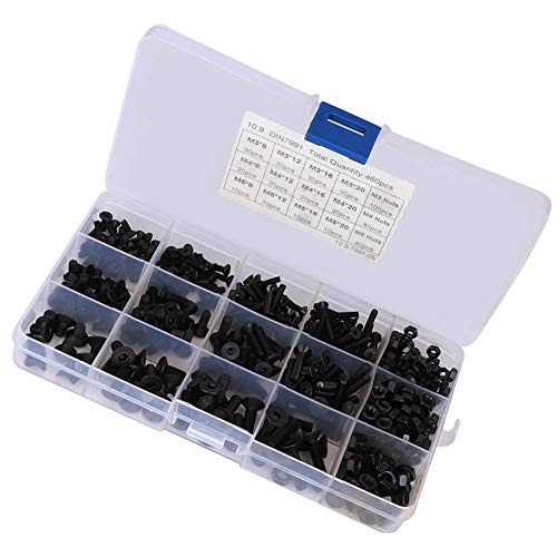 Jectse 高品質の460pcsヘックスソケットねじセットブラックフラットヘッドナット炭素鋼ボックスM3 M4 M5家電製品用ナット