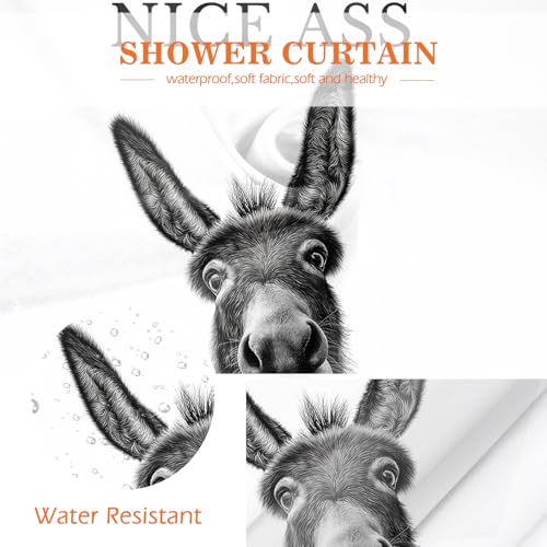 Image of Funny Donkey Nice Ass Shower Curtain Gag Gift Farmhouse Decor Animal Black and White Novelty Sarcastic Rustic Bathroom Bath Decor Bathtub Curtain Fabric Shower Curtain Set with 12 Hooks, 72 inchx72 inch