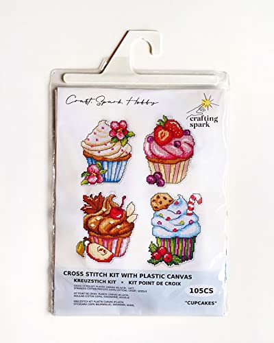 Image of Counted Cross-Stitch Kit on Plastic Canvas with Cupcakes. 4 Wonderful Ornaments Different Dimensions. 14 Count Plastic Canvas Sheets 8.27x11.02 Inches. Perfect for Embroidery & Needlework Amateurs
