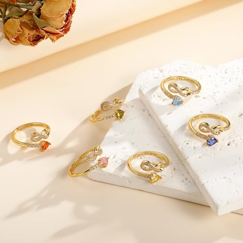 Gold Birthstone Rings for Women Non Tarnish Infinity Promise Ring Adjustable Rings for Women Stackable Dainty 14k Gold Plated CZ Ring Christmas Gifts for Her 6