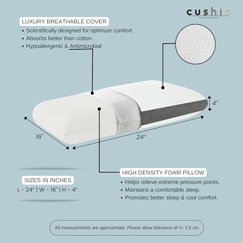 Image of CUSHIO Memory Foam Pillow | Size 24 inchx16 inchx4 inch (Set of 2) Orthopetic Pillow | Cervical Pillow for Relieving Neck & Shoulder Pain with Free Pillow Cover (White & Grey)
