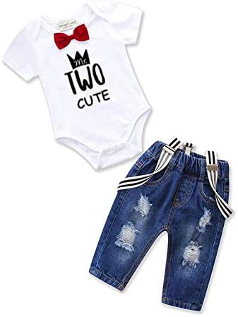 Pinleck Toddler Baby Boy Birthday Clothes Set Bowtie Romper Suspenders Ripped Denim Pants Outfits (Two Birthday-1Short, 2-3T)