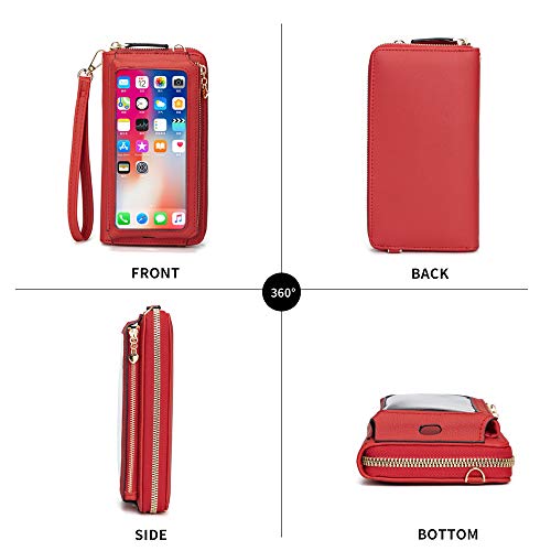 Image of myfriday Touch Screen RFID Phone Crossbody Purse with 2 Straps for Women | Clear phone window, RFID card space, 11 slots and zip pockets support quick calls, errands, theme parks and travel