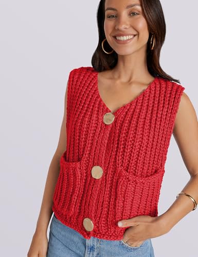 Image of UEU Womens Chunky Sweater Vest Button Down Sleeveless Cardigan V Neck Crop Crochet Knit Tops 2025 Fashion Trendy Clothes