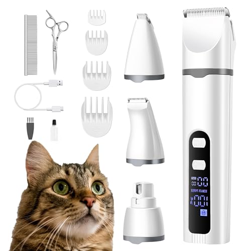 BreeyPaws Cat Clippers Dog Paw Trimmer Grooming Kit,4 in 1 Cat Shaver for matted Fur Claw Silent,Pet Shaver Trimmer for Dogs Cats Paws,2 Speed Battery Display Startup Locked USB Charge Cable (Grey)