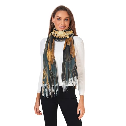 Women's Scarf, Faux Pashmina Soft Lightweight Shawl Wrap, Fashion Scarves with Oriental Golden Dragon Print2