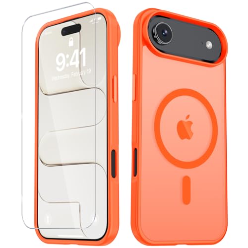 Image of YENAPOON for iPhone Air Case, Matte Magnetic Phone Cover [with 1 Screen Protector] [Support for MagSafe] [Shockproof Military Grade Protection] Translucent Frosted Back, Orange