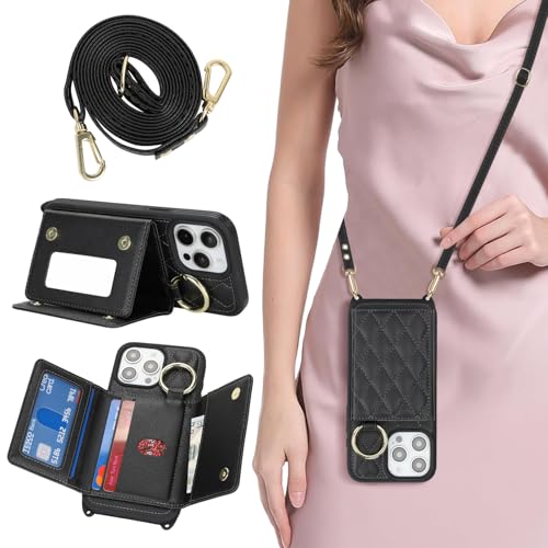 DEYHU for iPhone 14 Pro Max Case with Card Holder and Strap for Women Crossbody Lanyard Make Up Mirror Ring Stand Snap Clasp Cute Phone Wallet Cases 6.7 inch - Black