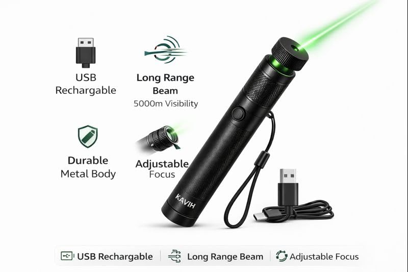 Image of High Power USB-Rechargeable Green Laser Pointer for Presentation, Teaching & Outdoor Use | Long Range Laser Pen for Astronomy, Office Meetings & Cat Play