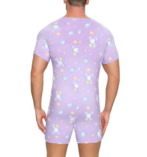 Landofgenie Herren Body Atmungsaktiver Baumwolle Bodysuit mit Reißverschlüsse, Kurzarm One-Piece Pyjama Astronaut Bunny-Druck 3XL