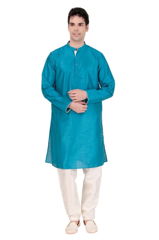 Mens Art Silk Kurta Pajama Set For Wedding and Parties - Mandarin Neck