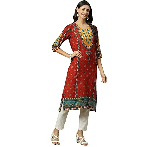 Image of BIBA Women Rayon Regular Fit Liva Straight Printed Kurta