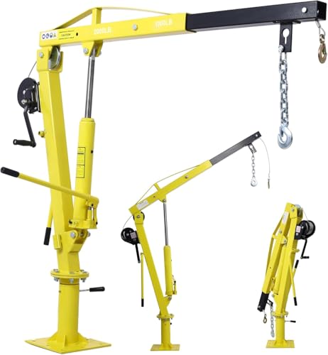 2000 LBS Hydraulic Pickup Truck Crane, Davit Crane with Hand Winch, 44.5” to 59” Working Boom Range, Lifting Range 5”-82.5”, Truck-Mounted Bed Crane for Lifting Goods in Construction, Yellow