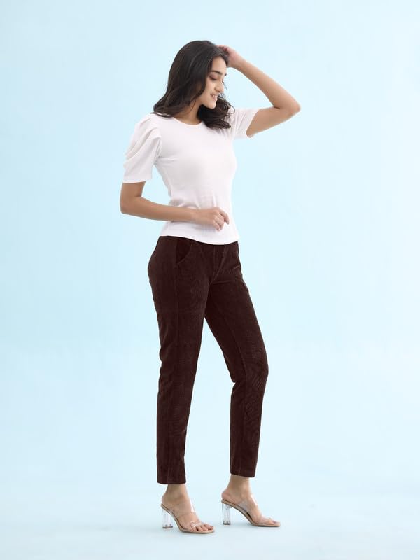 Image of GO COLORS Solid Corduroy Treggings for Women | Warmtech, Mid Rise, Side Pocket