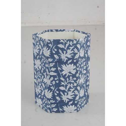Image of Floral Hand Block Printed 3.3 Gallon Decorative Waste Basket - Eco-Friendly Cardboard Trash Can, Plastic-Free & Sustainable, Perfect for Christmas and Housewarming Gifts (1, Blue Sun FLOWAR)