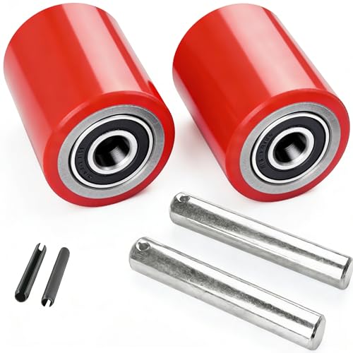 Image of Heavy Duty Pallet Jack Load Wheels Replacement Kit 3 inchx3.75 inch (Red,5 Pair) | Including PU Tread Wheel(74.5 x 93mm),Pre-Installed Bearings,Axles& Pins, Also for Manual Hand Lift Truck Rear