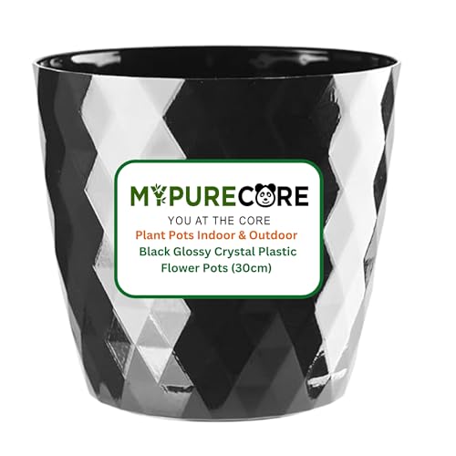 MYPURECORE Plant Pots Indoor 30cm – Stylish Decorative Plastic Flower Pot with Glossy Crystal Surface – Durable Indoor & Outdoor Planter for House Plants, Herbs (Black, 30 cm)