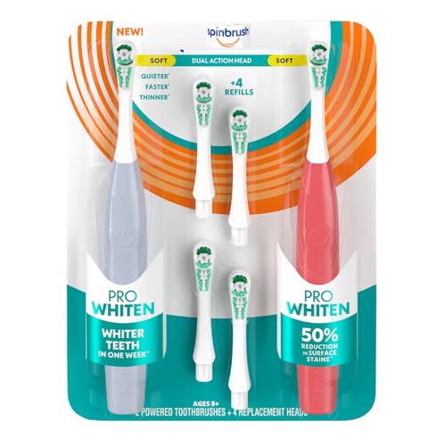 Spinbrush Pro Whiten Battery Powered Electric Toothbrush Bundle (2) Toothbrushes + (4) Replacement Heads Whiter Teeth in 1 Week Dual Action Whitening Cup & Soft Bristles ADA Accepted Family Pack