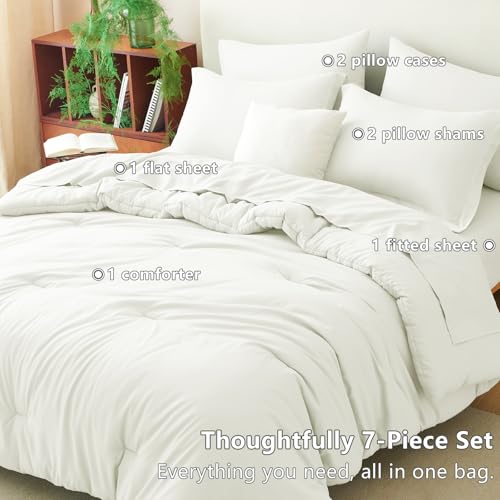 CozyLux King Size Comforter Set Ivory, 7 Pieces Bed in a Bag King Comforter Set with Sheets, Soft Bedding Set with Down Alternative Comforter, Fitted Sheets, Flat Sheets, Pillow Shams and Pillowcases
