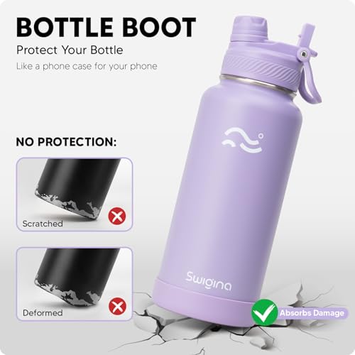 Image of Swigina [2-IN-1 LID] Insulated Water Bottle with Silicone Boot (36hrs Cold /18hrs Hot) - DIY Stickers, Leakproof, BPA Free, 32 oz