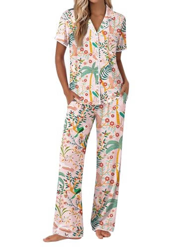 Ekouaer Pajamas for Women Set Button Up Soft Pjs Short Sleeve 2 Piece Lounge Sets Comfy Sleepwear Tropical Print Medium