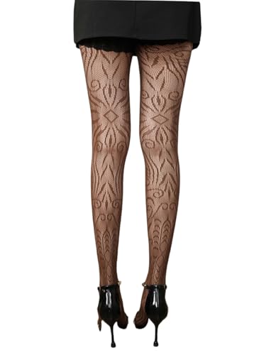 Image of Mrotrida Women's Dark Punk Patterned Fishnet Tights Sexy Elastic Hollow Pantyhose Leggings Fire Mesh Stockings (Coffee-A)