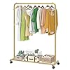 Simple Trending Standard Clothes Clothing Garment Rack with Storage Shelves, Rolling Clothes Organizer on Wheels for Hanging Clothes, Gold