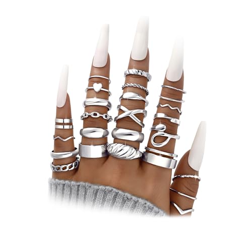 YEEZII 25 Pcs Silver Knuckle Rings for Women Set, Cute Stackable Finger Midi Rings, Dainty Silver Chunky Stacking Womens ring pack