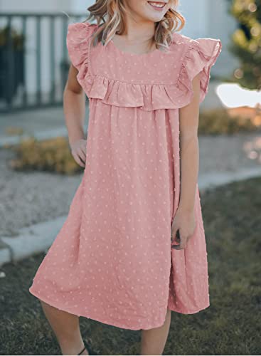 Evaless Pink Casual Dresses For Girls Flutter Sleeve Midi Summer A Line Loose Swing Swiss Dot Dress For Kids 10-11 Years Birthday Gift #TOP4