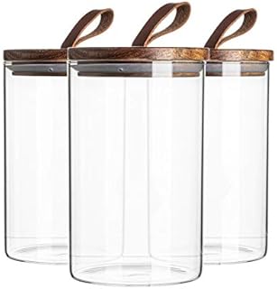 Argon Tableware 6 Piece Glass Jar with Wooden Lid Storage Container Set - Round Scandinavian Style Airtight Canister - 1 Litre