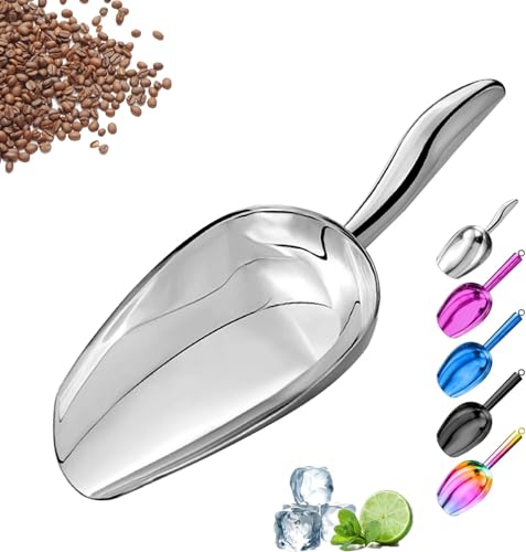 Metal Ice Scoop，Kitchen Ice Scooper for Ice Maker,Stainless Steel Small Ice Scooper for Freezer，Kitchen Gadgets Cookie Flour Pet Dog Food Scoop (Silver, Curved handle 8OZ)