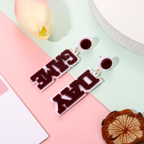Game Day Earrings for Women, Acrylic Football Earrings Game Day Accessories Team Sports Fan Earring Football Team Gifts (Wine Red&White) - Thumbnail 2