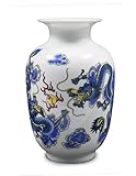Dahlia Blue and White Vase, Handmade Chinese Porcelain Flower Vase, Dragon Motif, Melon Shape 8.5 Inches