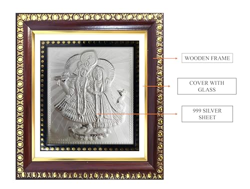 Image of ARTSMINE - 999 Pure Silver Radha Krishna Frame - Pure Silver Sheet with Purity Certificate | Pooja Room, Home & Office Decor | Wedding, Corporate & Housewarming Gift | Handcrafted Table Top & Wall Mount - 1 Unit (14 x 12.5 CM / 5.5 x 5.0 Inch)
