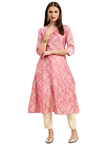 Image of rangita Pink Chanderi Calf Length Printed Flared Kurti for Women | Kurta for Women