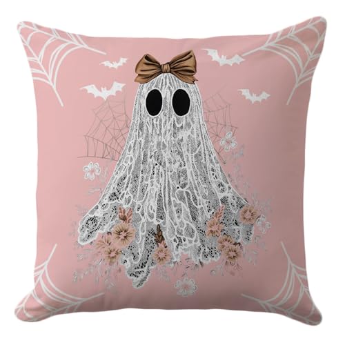 CarOptics Halloween Ghost Pillow Cover 18x18 Inch – Cute Lace Ghost with Bow and Flowers – Pink Pastel Halloween Throw Pillow for Girls Room or Fall Decor