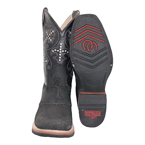 Men’s Genuine Leather Square Toe Cross Embroidered Mid Calf Cowboy Western Boot4