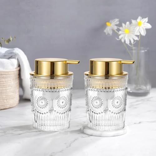 Image of 2 PCS Golden Foaming Soap Dispensers, Unique Glass Foam Soap Dispenser, 300 ml Refillable Liquid Soap Dispenser for Kitchen Bathroom