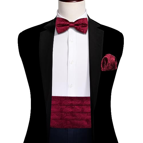 Image of Barry.Wang Men Silk Paisley Cummerbund and Pre-tied Bowtie Handkerchief Cufflink Set for Tuxedo