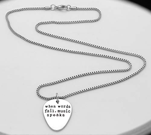 Art Attack When Words Fail Music Speaks Chain Necklace, Electric Guitar Pick Rock N Roll Love Metal Pendant Charm (Silver)4