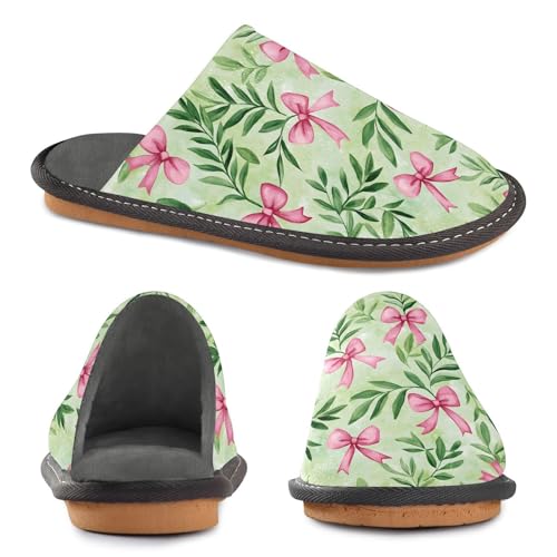Slippers for Women Pink Bow Green Leaf Pattern Soft Winter Warm Shoes Indoor Outdoor Non-Slip House Travel Slippers4