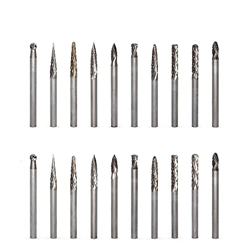 Yufutol 20Pcs Solid Carbide Burr Set 0.118‘’（3Mm）Shank Tungsten Carbide Rotary Files Burrs With 3Mm Cutting Head Diameter Fits Most Rotary Drill Die Grinder For Woodworking,Engraving,Drilling,Carving #TOP2