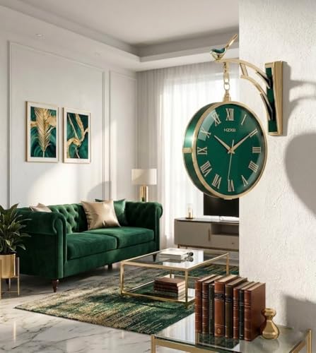 Image of Prakal Home Decor Double Sided Round Wall Mount Station Clocks Watchs Double Face Wall Clock Vintage Retro Metal Frame Glass Dial Cover (W5-Green)