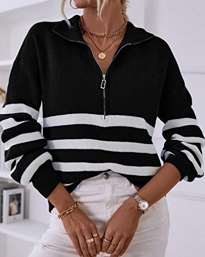 BTFBM Womens Striped Sweater Quarter Zip Pullover Winter Fall Fashion 2025 V Neck Long Sleeve Knit Collared Sweaters3