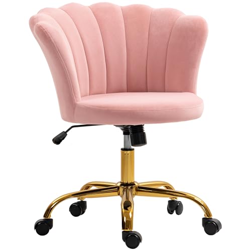 HOMCOM Chaise Bureau en Velours, Chaise Coiffeuse avec Dossier en pétale, Hauteur réglable, Fonction Bascule, Assise rembourrée et pivotante, Fauteuil...