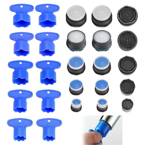 hoeslaw 25 Pcs Kitchen Faucet Aerator, Replacement Inserts for Sink Tap Flow Restrictor, Efficient 15 Cache Aerators with 10 Key Removal Wrench Tool for Bathroom Kitchen (M16.5 18.5 21.5 22.5 24 mm)