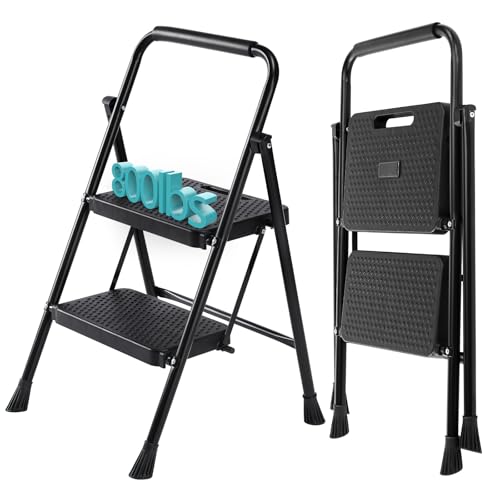 Smug Step Ladder, 2 Step Stool Foldable with Anti-Slip Pedal & Comfortable Handrail, 800lbs Capacity Sturdy Steel Ladder, Protable Heavy Duty Step Stool for Kitchen, Garage & Outdoor Use, Black